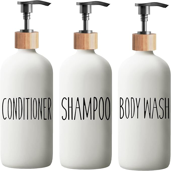 Shampoo and Conditioner Dispenser Set - Easy to Read Labels - Pump Bottle Dispenser for Shampoo, Conditioner, Body Wash - Glass Refillable Containers for Shower by Aeakey