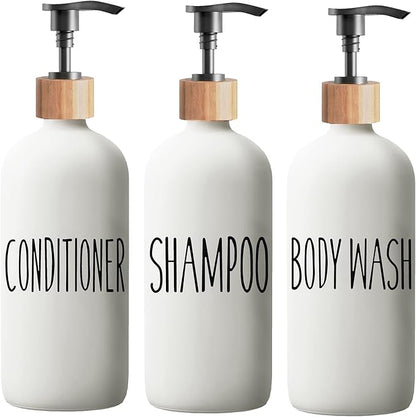 Shampoo and Conditioner Dispenser Set - Easy to Read Labels - Pump Bottle Dispenser for Shampoo, Conditioner, Body Wash - Glass Refillable Containers for Shower by Aeakey
