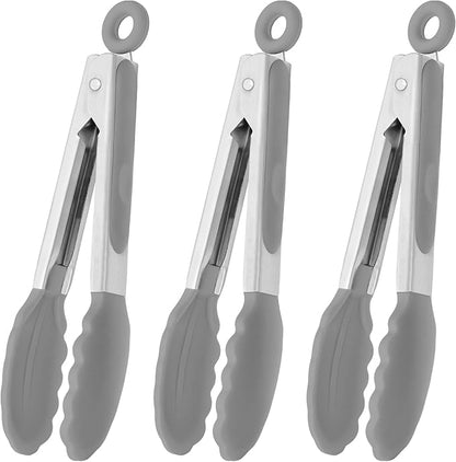 HINMAY Small Serving Tongs with Silicone Tips 7 Inch Mini Stainless Steel Food Tongs, Set of 3 (Gray) by HINMAY