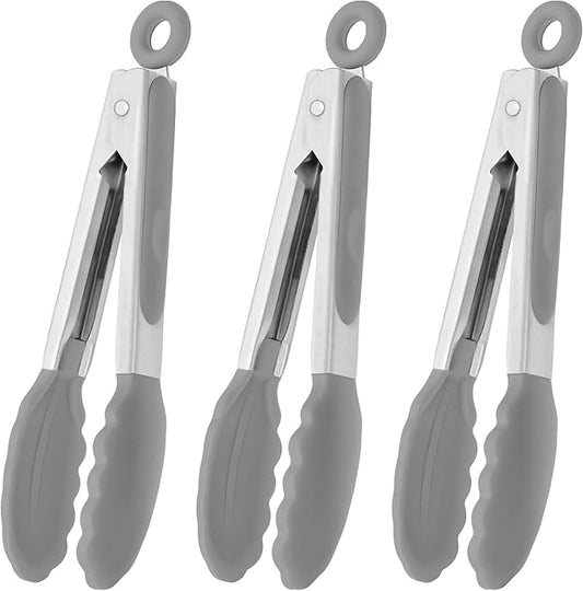 HINMAY Small Serving Tongs with Silicone Tips 7 Inch Mini Stainless Steel Food Tongs, Set of 3 (Gray) by HINMAY