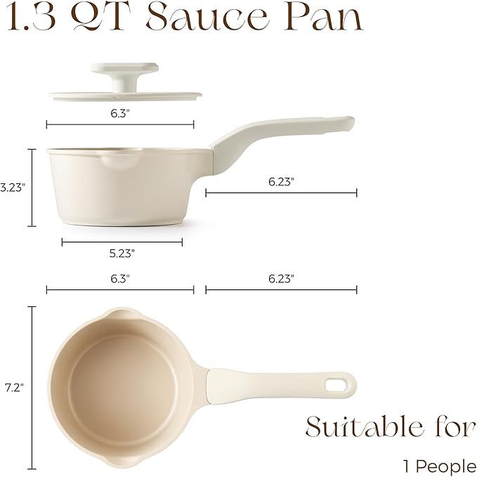 PRICUSIS Ceramic Nonstick Saucepan with Lid, 1.3 Quart Non Toxic Pot with Pour Spouts, Full Coated, 100% Dishwasher Safe, Induction Compatible & Oven Safe, PTFE PFAS & PFOA Free, Coconut White - Image 2