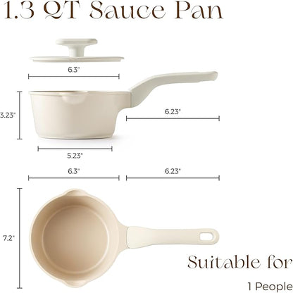 PRICUSIS Ceramic Nonstick Saucepan with Lid, 1.3 Quart Non Toxic Pot with Pour Spouts, Full Coated, 100% Dishwasher Safe, Induction Compatible & Oven Safe, PTFE PFAS & PFOA Free, Coconut White - Image 2