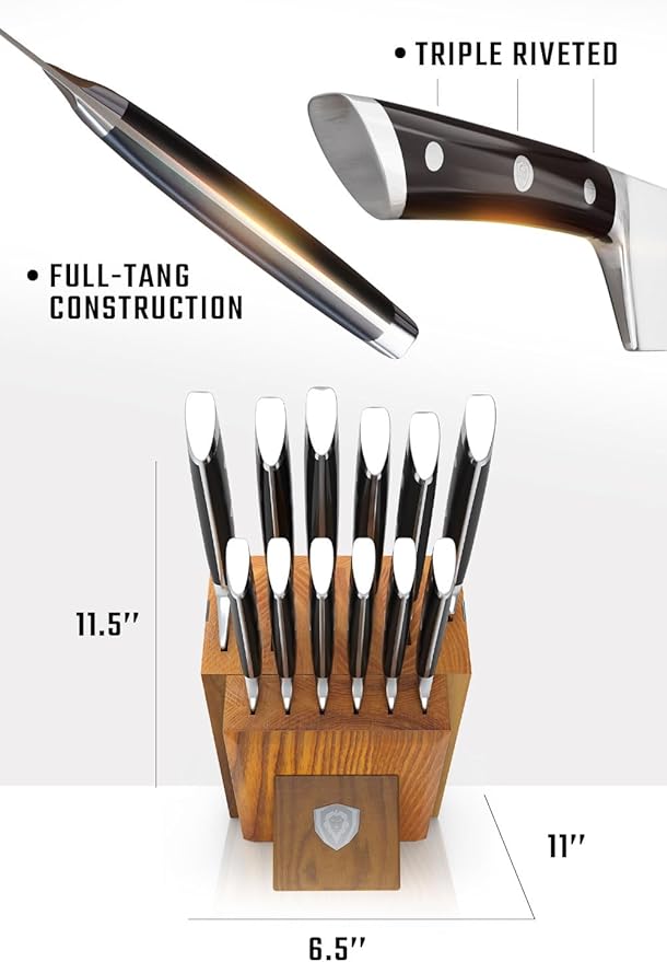 Dalstrong 12-Piece Elite Knife Block Set — German High-Carbon Steel, Full-Tang, Hand-Polished — Chef + Santoku + Nakiri + Boning + Fillet + 6 Steak — Gladiator Series Manchurian Ash Block, NSF - Image 7