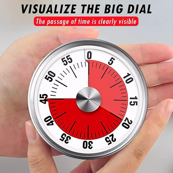 Visual Kitchen Timer for Cooking and Kids with Loud Alarm, Classroom Timers for Desk, No Batteries Required, Mechanical Desk Timer, Magnetic Egg Timer for Study, Chef Clock, Stainless Steel, Countdown - Image 3