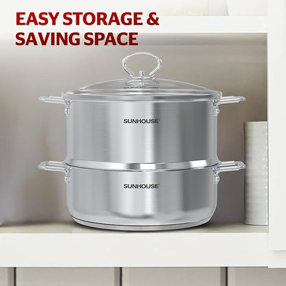SUNHOUSE 2-Tier Stainless Steel Steamer Pot with Lid - Larger 5.5 QT Steamer & 3.8 QT Stockpot Base - Induction Ready, Compatible with All Cooktops - Multipurpose for Vegetables & Dumplings - Image 8