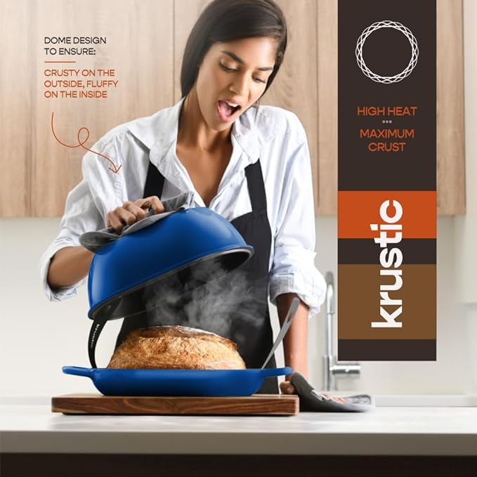 Krustic Enameled Cast Iron Dutch Oven for Professional Sourdough Bread Baking | 5.5 Quart Loaf Size Oval Cookware Pot with Lid | Triple-Layer Enamel Coating Pan with Non Stick Silicone Mat | Blue