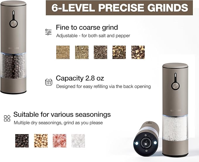 Stainless Steel Rechargeable Electric Salt and Pepper Grinder Set, USB Charging with Dust Cover, 6 Adjustable Grinding Modes + LED Light 2pack，Brown - Image 5