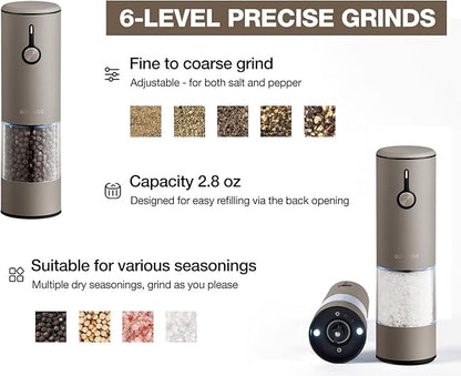 Stainless Steel Rechargeable Electric Salt and Pepper Grinder Set, USB Charging with Dust Cover, 6 Adjustable Grinding Modes + LED Light 2pack，Brown - Image 5