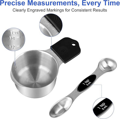 Magnetic Measuring Cups & Spoons Set, Strong N45 Magnets, Heavy Duty Stainless Steel Fits in Spice Jars for Baking & Cooking, BPA Free, Round Set of 15 with Leveler,Dark Black - Image 4