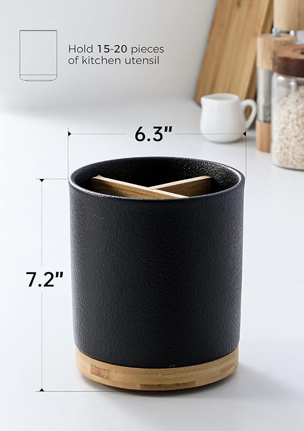LoeJan 3 Compartment Utensil Holder, Extra Large Utensil Crock, Stable Ceramic Utensil Organizer, Cooking Tool Organizer Set for Kitchen Counter Farmhouse Decor,Textured Black - Image 2