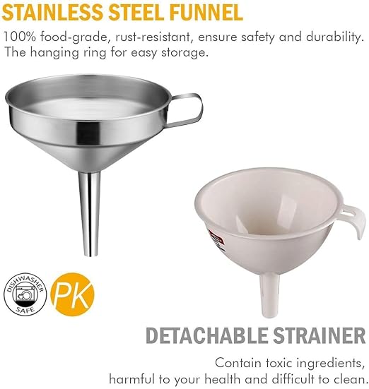 Kitchen Funnel, 3 Piece Stainless Steel Funnels Set with Handle Design and Removable Strainer, Great for Transferring of Liquid, Fluid, Dry Ingredients & Powder, Funnels for Filling Bottles - Image 2