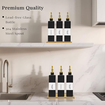 Olive Oil Dispenser Bottle for Kitchen with Bamboo Tray- Glass Oil and Vinegar Dispenser Set 16.9oz, Soy Sauce & Syrup Bottle, Modern Hostess Gift (Black, 16.9oz, Set of 3) - Image 3