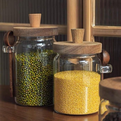 ANSQU Set of 2 Glass Food Storage Jars with Bamboo Wood Lid and Spoon, 20.3oz Glass Kitchen Canisters for Coffee, Tea, Cereal, Spice and Canning, Mason Jars, Cute Jars