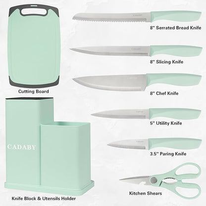 19 PCS Kitchen Cooking Utensils Set, 11 Pieces Silicone Cooking Utensils Set 6 Pieces Sharp Stainless Steel Green Knife Set with 1 Piece Cutting Board, Ideal for Apartment