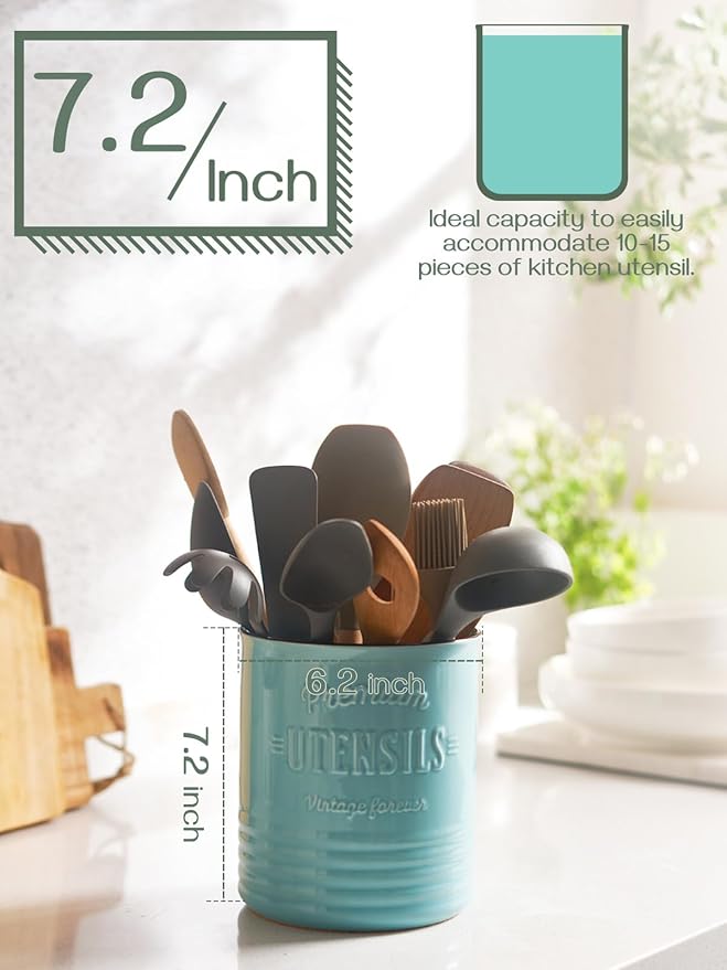 DOWAN 7.2″ Extra Large Kitchen Utensil Holder - Farmhouse Utensil Holder for Countertop - Ceramic Utensil Crock with Protection Cork Mat - Kitchen Decor & Housewarming Gift (Turquoise) - Image 2