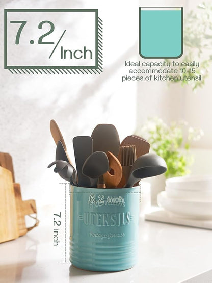 DOWAN 7.2″ Extra Large Kitchen Utensil Holder - Farmhouse Utensil Holder for Countertop - Ceramic Utensil Crock with Protection Cork Mat - Kitchen Decor & Housewarming Gift (Turquoise) - Image 2