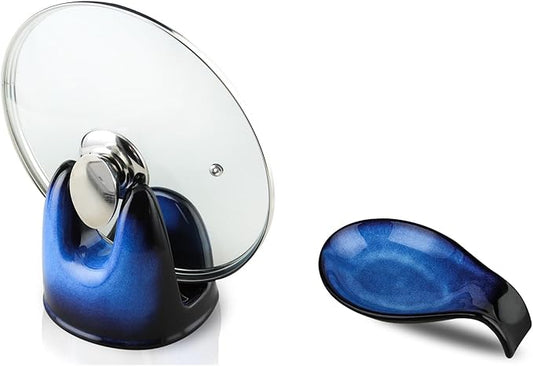 Nihow Pot Lid Holder and Spoon Rest for Kitchen Counter/Stove Top While Cooking - Heat Resistant & Dishwasher Safe - Elegant Black & Blue Sets by Nihow