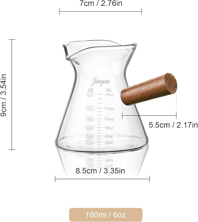 Joeyan 6 oz Glass Measuring Cup with Double Spouts,Clear Borosilicate Espresso Shot Glasses with Wooden Handle,Milk Creamer Frothing Pitcher Barista Coffee Carafe - Image 7