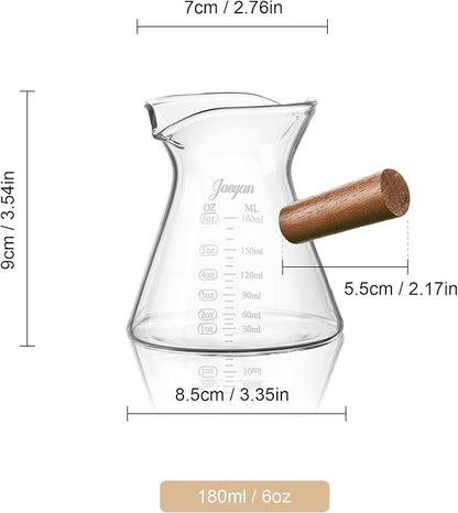 Joeyan 6 oz Glass Measuring Cup with Double Spouts,Clear Borosilicate Espresso Shot Glasses with Wooden Handle,Milk Creamer Frothing Pitcher Barista Coffee Carafe - Image 7