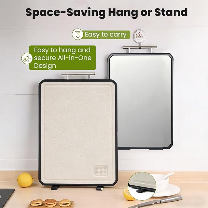 Titanium Cutting Board for Kitchen, Double Sided Titanium Cutting Board with Juice Groove, Metal Chopping Board for Kitchen, Titanium & Wheat Straw PP, Dishwasher Safe, 16.3”×11”