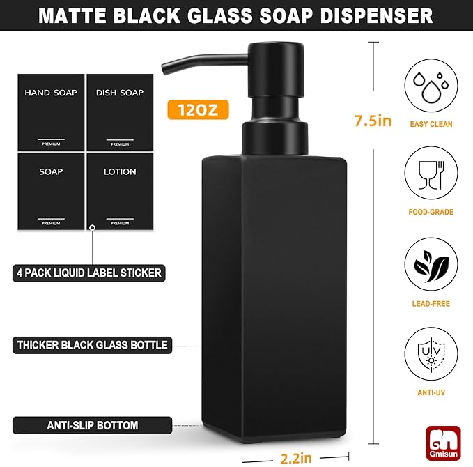 GMISUN Black Soap Dispenser, Hand Soap Dispenser Bathroom, 12oz Glass Soap Dispenser with Stainless Steel Pump, Liquid Dish Soap Dispenser for Kitchen, Modern Bathroom/Kitchen Soap Dispenser Set - Image 2