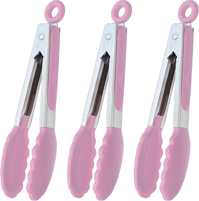 HINMAY Small Serving Tongs with Silicone Tips 7-Inch Mini Tongs, Set of 3 (Pink) by HINMAY