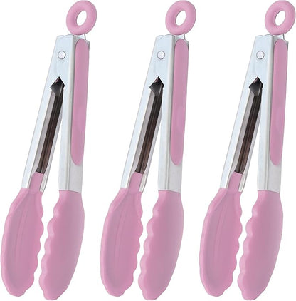 HINMAY Small Serving Tongs with Silicone Tips 7-Inch Mini Tongs, Set of 3 (Pink) by HINMAY