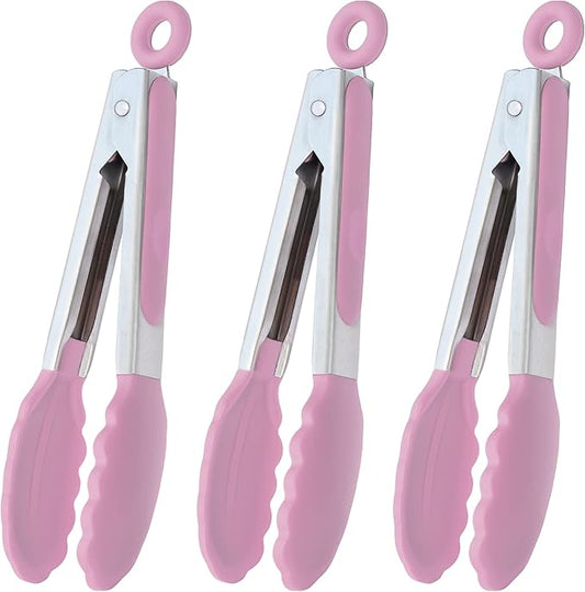 HINMAY Small Serving Tongs with Silicone Tips 7-Inch Mini Tongs, Set of 3 (Pink) by HINMAY