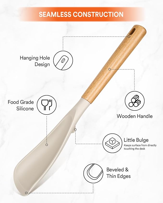 Cooking Spoon for Nonstick Cookwares, Great for Cooking and Serving Sturdy BPA-Free Matte Silicone, Wood Handle Spoon for Mixing, Scoop, and Scrape (Khaki & Turquoise, 13.4 inch) - Image 4