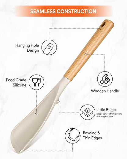 Cooking Spoon for Nonstick Cookwares, Great for Cooking and Serving Sturdy BPA-Free Matte Silicone, Wood Handle Spoon for Mixing, Scoop, and Scrape (Khaki & Turquoise, 13.4 inch) - Image 4