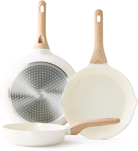 Kordisen Nonstick Ceramic Frying Pan Set, 3 Piece Ceramic Skillet Set, Healthy Non Toxic Cooking Pan, Stay-Cool Handle, Induction Compatible, PFOA & PFAS Free, White by Kordisen