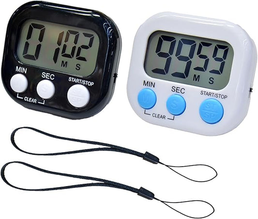 2 Pack Small Digital Kitchen Timer Magnetic Back and On/Off, Classroom Timers for Teachers Kids, Count Up Count Down Loud Alarm Stop Memory Function for Cooking Study Work Exercise (1, Black+White) by Soseelnee