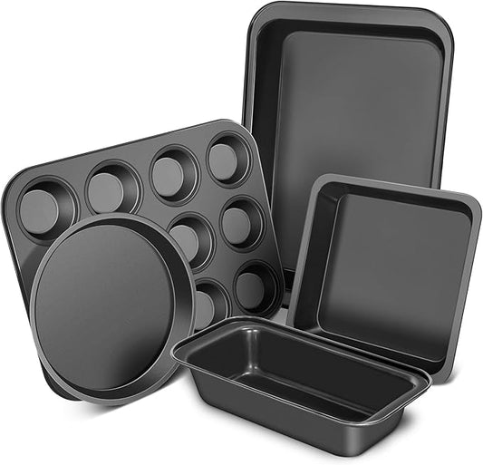 CasaCulina Baking Pans Set, 5-Piece Nonstick Bakeware Sets with Round/Square Cake Pan, Muffin Loaf Roast Pan, Baking Sheets for Oven, Kitchen Cookware Sets Baking Tray Baking Supplies, Black