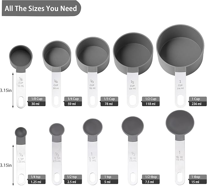 Measuring Cups and Spoons Set of Huygens Kitchen Gadgets 10 Pieces, Stackable Stainless Steel Handle Measuring Cups for Measuring Dry and Liquid Ingredient (Gray) - Image 2