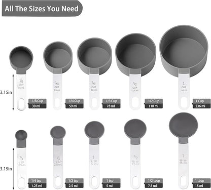 Measuring Cups and Spoons Set of Huygens Kitchen Gadgets 10 Pieces, Stackable Stainless Steel Handle Measuring Cups for Measuring Dry and Liquid Ingredient (Gray) - Image 2