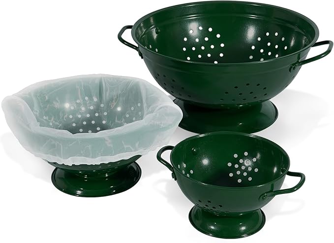 Metal Colander Set of 3, Strainer Basket with Handles perfect for Spaghetti, Pasta, Berry, Vegetable, Fruit, Solid Base Powder Coated Kitchen Essential Strainer Set, 1 & 3.5 & 5 Qt (Dark Green) by Unknown