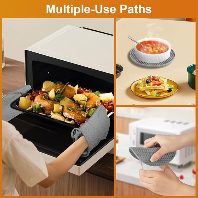 AUAUY Oven Mitts with 2 Potholders, Silicone Oven Gloves Heat Resistant 464°F, Non-Slip Silicone BBQ Gloves, Waterproof Cooking Gloves, Oven Gloves for Barbecue Kitchen Baking Microwave, Grey - Image 6