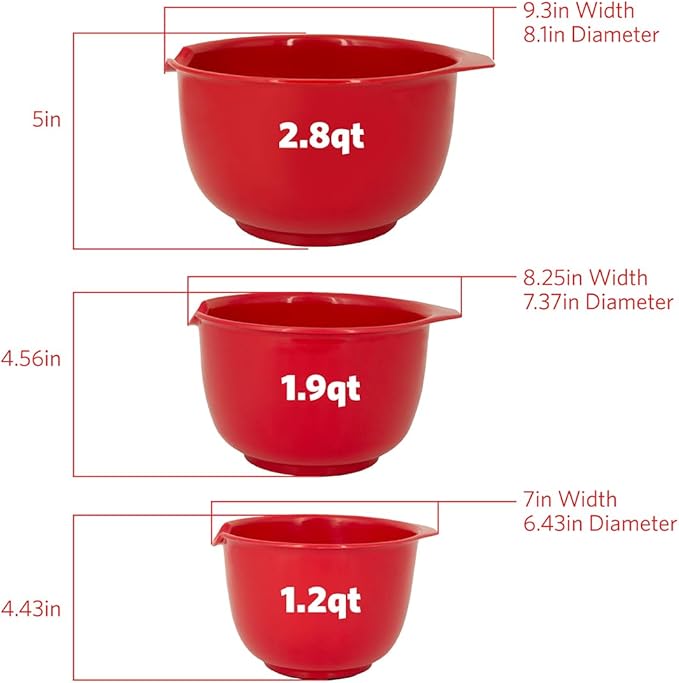 Glad Mixing Bowls with Pour Spout, Set of 3 | Nesting Design Saves Space | Non-Slip, BPA Free, Dishwasher Safe Plastic | Kitchen Cooking and Baking Supplies, Red - Image 3