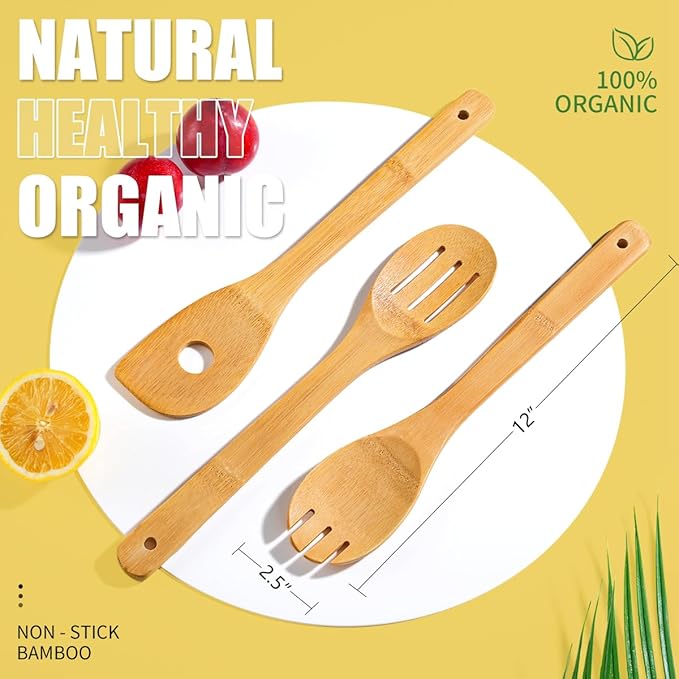 IOOLEEM Bamboo Wooden Spoons for Cooking 6 Pcs 12 Inch, Non-Stick Wooden Kitchen Utensils Set, Natural and Durable Wooden Spatula Spoons for Non-Stick Pan for Cooking - Image 5