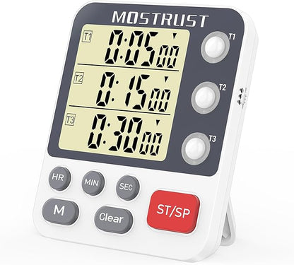Digital Dual Kitchen Timer, 3 Channels Countdown Triple Timer for Cooking, Magnetic Memory-Preset Large Display Adjustable Alarm Volume, Multi Times Management, 3A Battery Included, White by MOSTRUST