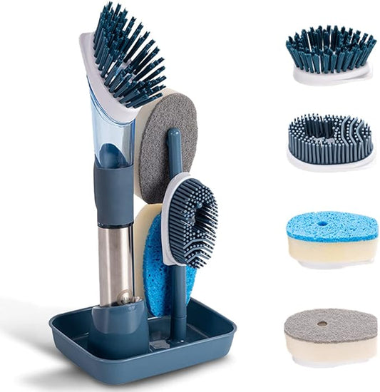 Dish Cleaning Brush, Soap Dispensing Dish Brush Set with 4 Replacement Heads and Storage Holder, Kitchen Scrub Brush for Dish Pot Pan Sink Cleaning (Blue)