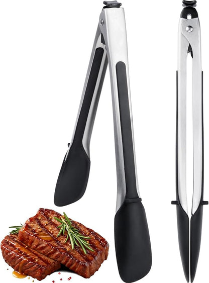 600ºF Heat Resistant Kitchen Tongs, 11.57 inch Tongs for Cooking with Silicone Tips, Non Scratch, Locking Tong for BBQ Grilling Air Fryer Food Salads, Set of 2