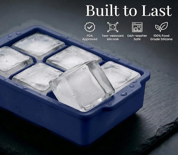 KitchFort Large Silicone Ice Cube Tray (2-Pack), Easy Release 2" Big Ice Cubes - Cocktail, Whiskey Ice Cubes Mold - Ice Trays for Freezer with Lid - Stackable Silicone Ice Tray - Navy Blue - Image 2