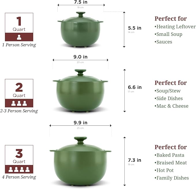 MINH LONG 2-Qt Porcelain Dutch Oven with Lid – Lead & Cadmium Free, Oven Safe to 482°F, Heat Retention, Clay Pot for Cooking on Gas & Infrared Cooktop, Use to Marinate, Cook, Bake, Refrigerate & Serve