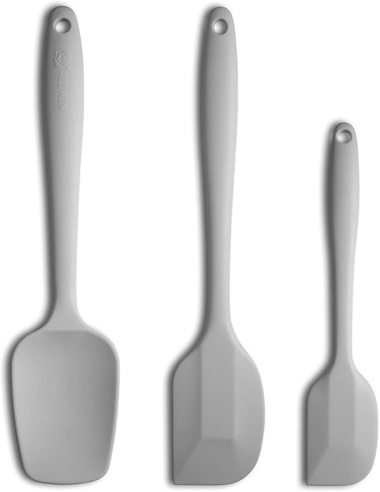Silicone Spatula 3‑Piece Set Heat Resistant 600°F Non‑Stick Rubber Spatulas with Stainless Steel Core ALLWIN HOUSEWARE Large Spatula, Spoonula & Mini Spatula for Cooking & Baking, Light Grey