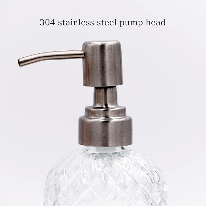 16 oz Diamond Pattern Glass Soap Dispenser, Kitchen and Bathroom Refillable Soap Dispenser with Rust Resistant Stainless Steel Pump for Hand Soap, Lotion Glass Liquid Dispenser(Clear-2pack) - Image 4