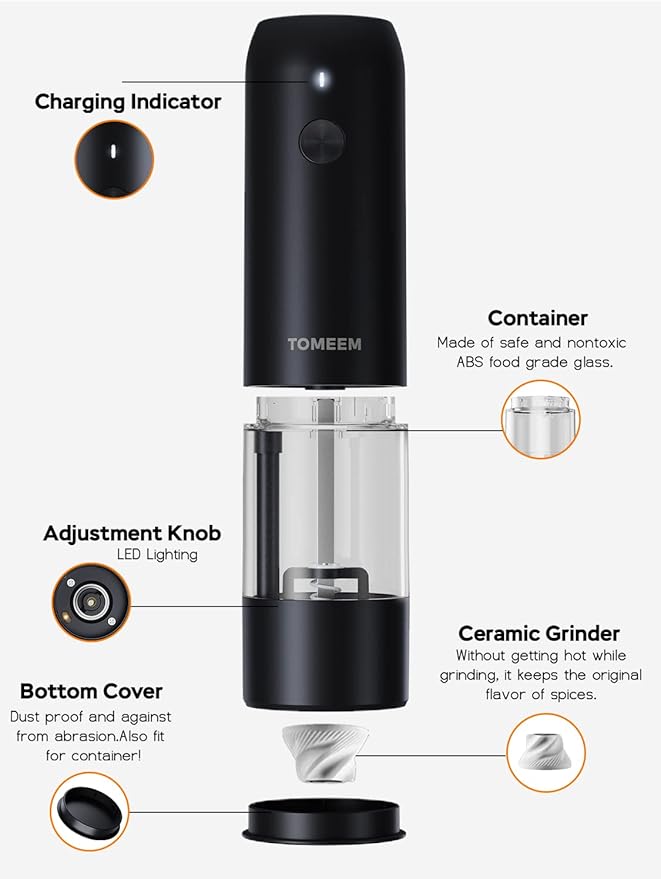 TOMEEM Electric Salt and Pepper Grinder Set with LED Lights，Rechargeable Automatic Pepper and Salt Mill with 6 Adjustable Coarseness, Dust Cover, One-Button Control for Cooking, Home Gifts
