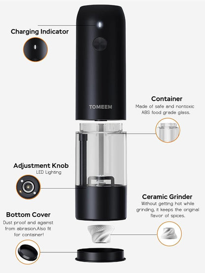 TOMEEM Electric Salt and Pepper Grinder Set with LED Lights，Rechargeable Automatic Pepper and Salt Mill with 6 Adjustable Coarseness, Dust Cover, One-Button Control for Cooking, Home Gifts
