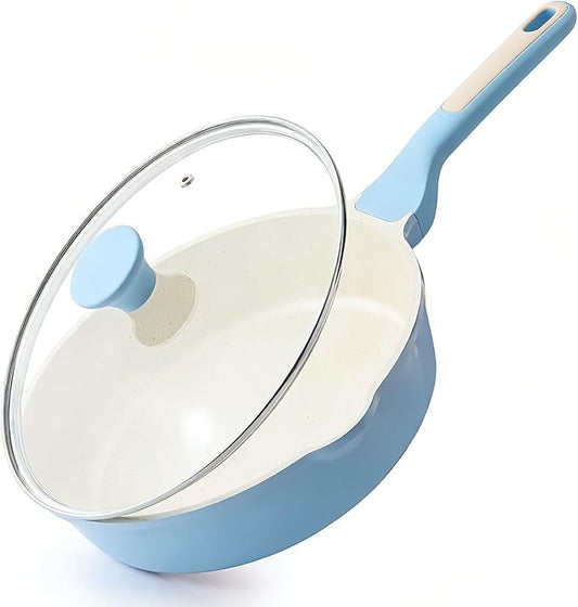 SENSARTE Nonstick Ceramic Saute Pan 10-inch, 3.5QT Nonstick Skillet, Non Toxic Deep Frying Pan with Lid, Stay-cool Handle, Healthy Cooking Pot, Induction Compatible, Blue by SENSARTE