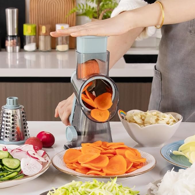 Cheese Grater Hand Crank Rotary Vegetables Shredder with Handle, 3-in-1 Graters with Interchangeable Blades and Non-slip Base Multifunctional Slicer for Kitchen - Image 6